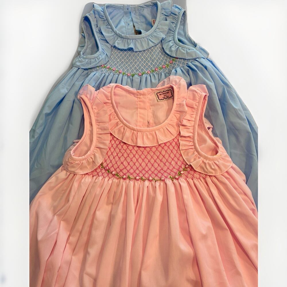 Lot of 2 My Princess and the Pea Smocked Blue and Pink Floral Dresses size 7